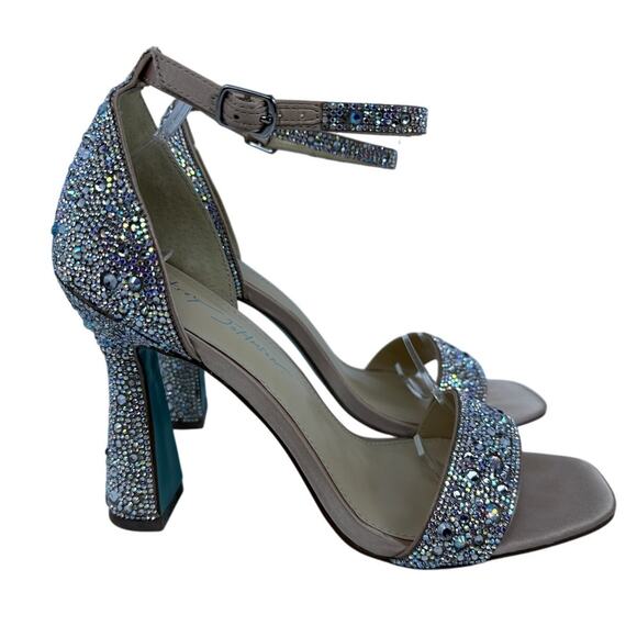 Betsey Johnson Dani Sandals Spool Heel Womens 8.5 M Shiny Rhinestones Buckle - Picture 1 of 11